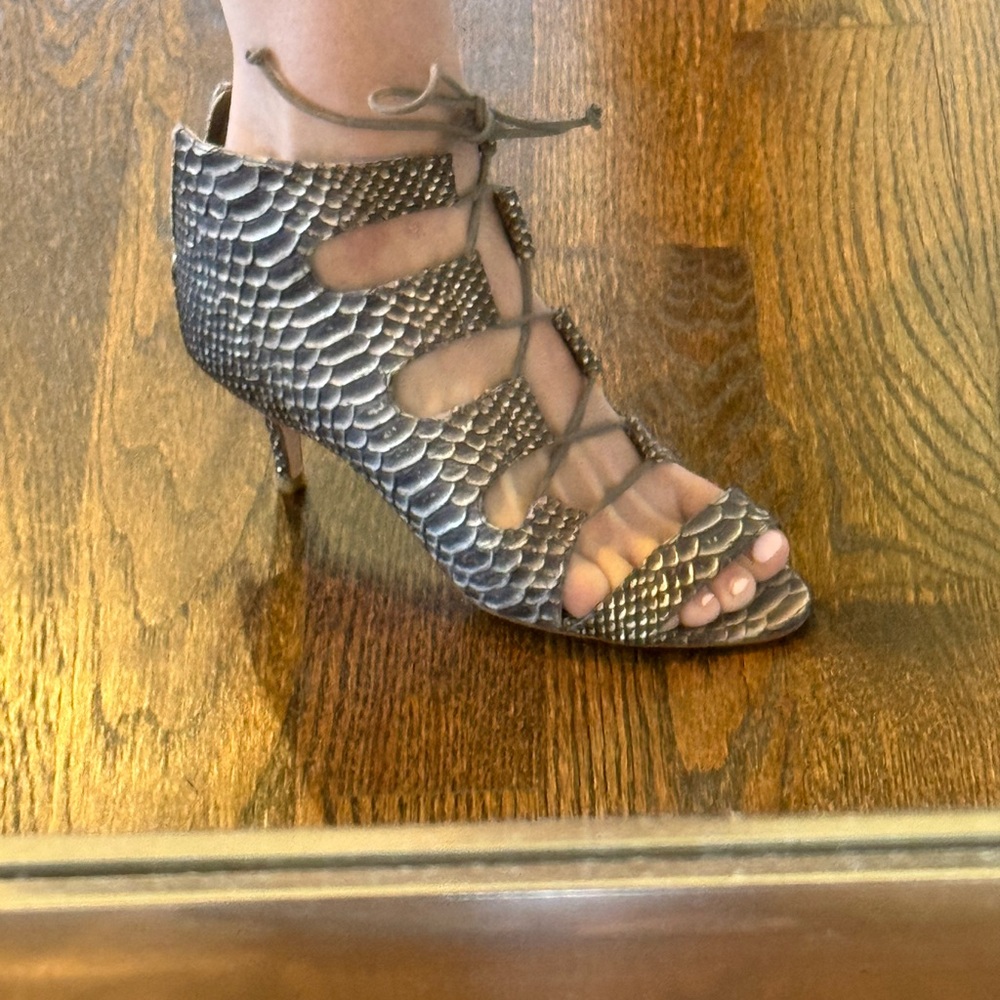 Delman Snakeskin Patterned Lace-Up Heels